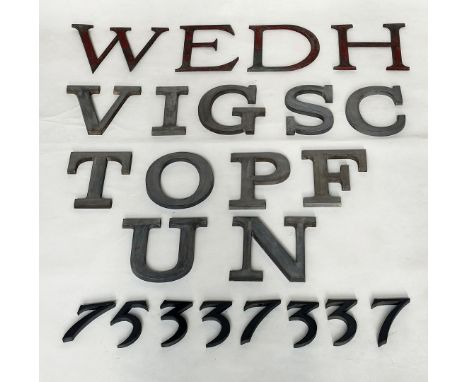 LETTERS. A group of 23 vintage metal sign letters and numbers largest 30cm H. (23).