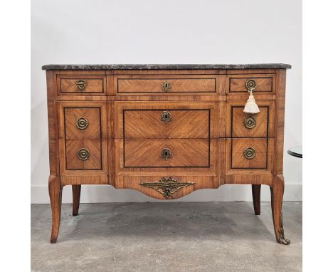 EARLY 19TH CENTURY FRENCH COMMODE. Transitional style Kingwood and gilt bronze mounted with marble top above three drawers, 8