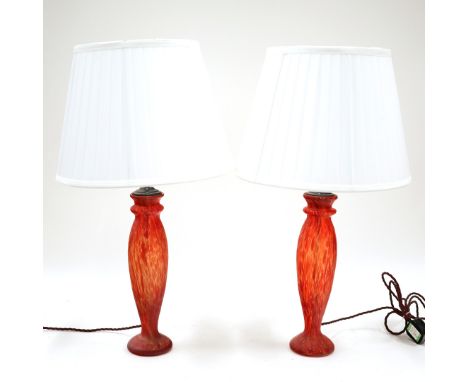 MURANO GLASS TABLE LAMPS. a pair, Italian mottled red glass bases, with shades, 63cm H. (2).