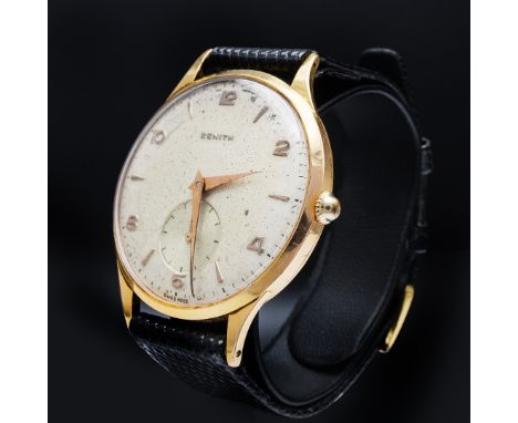 18K GOLD ZENITH WRISTWATCH. 1960's, manual wind, 36mm, black lizard strap, Ref. 442825.