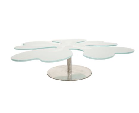 1980S ITALIAN COFFEE TABLE. Frosted glass petal top on chrome base 30cm High x 131cm Wide.