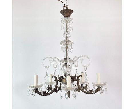 CHANDELIER. Mid 20th century glass and gilt metal with five light, 79cm H x 66cm W.
