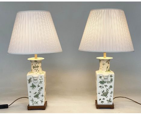 TABLE LAMPS, A PAIR. TABLE LAMPS, a pair, Chinese green on white ceramic vase form with white pleated shades, 67cm H. (2).
