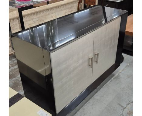 CABINET, SILVERED AND LACQUERED. 2 doors containing 2 compartments each with a glass shelf, 120cm x 45cm x 85.5cm.