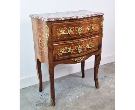 19TH CENTURY FRENCH PETITE COMMODE. Rosewood, marquetry and gilt metal mounted with marble top and two drawers, 84cm H x 65cm