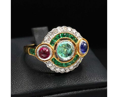 AN 18CT YELLOW GOLD EMERALD, RUBY, SAPPHIRE AND DIAMOND DRESS RING. the gemstones of approximately 1.00 carats, the diamonds 