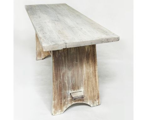 REFECTORY TABLE. Vintage Arts and Crafts style sycamore with rectangular top and stretchered angled slab trestles, 160cm W x 