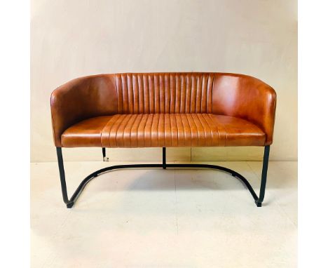 SOFA. Italian design with tan leather upholstery on black metal tubular base, 116cm H x 76cm W x 55cm D.