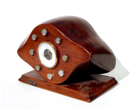 An impressive WW1 trench art mounted twin bladed laminated wood propeller boss with barometer. Overall width 34cms (13.5ins)