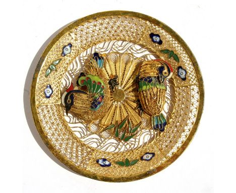 A Chinese gilt filigree and enamel dish with applied bird decoration, 20cms (8ins) diameter.Condition Reportone bird has beco