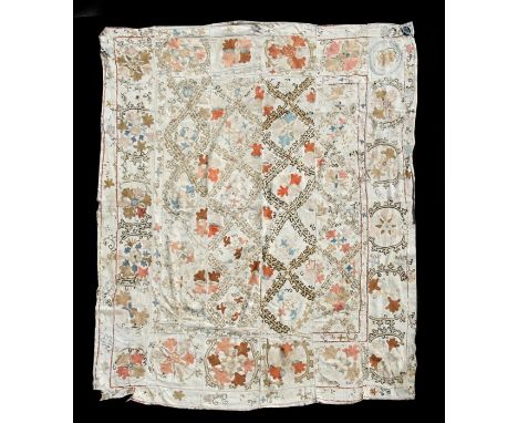 A 19th century suzani Uzbekistan panel decorated with foliate scrolls on a cream ground, 160 by 198cms (63 by 78ins).