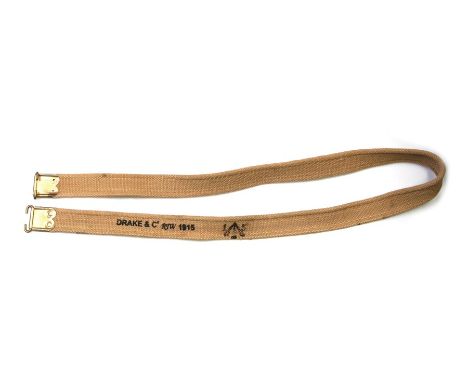 An unissued 08 Pattern .303 Rifle sling. Marked to the reverse with the War Department arrow and DRAKE &amp; Co. RTW 1915. 