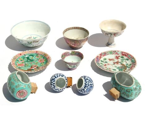 A mixed group of Chinese tea bowls and saucers; together with a pair of blue &amp; white bird feeders and a pair of green gla