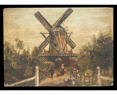 Continental school - Figures and a Windmill - oil on an oak panel, unframed, 22 by 16cms (8.75 by 6.25ins).