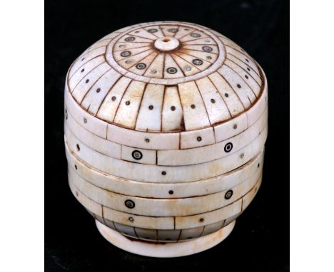 An unusual bone parquetry caddy, 9cms (3.5ins) high.