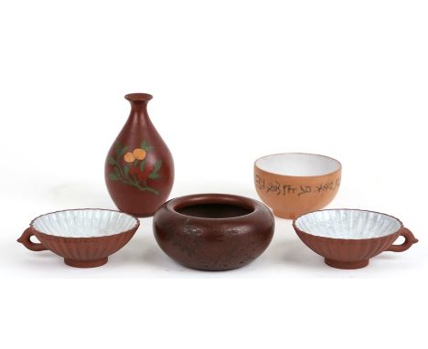 A Chinese Yixing pottery brush washer, 10cms (4ins) diameter; together with two Yixing pottery cups; a tea bow and a vase (5)