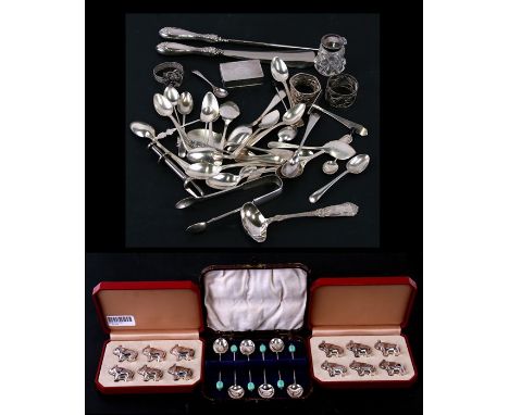 A quantity of silver teaspoons; together with a silver handled button hook and shoe horn; two boxed sets of silver plated pla