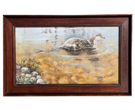 R J Smith (modern British) - Otter in a River - signed &amp; dated '92 lower right, oil on board, framed, 39 by 22cms (15.25 