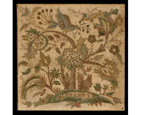 A crewel work style panel depicting birds amongst foliage, 52 by 52cms (20.5 by 20.5ins).