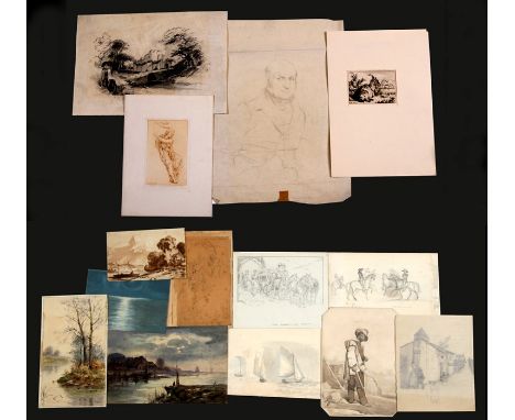 A quantity of unframed antique drawings and watercolour paintings to include a portrait of a man with a rifle, dated 1844.