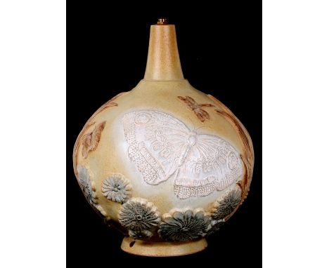 Bernard Rooke (British b1938) a large bulbous lamp base decorated with butterflies, dragonflies and foliage, 34cms (13.5ins) 