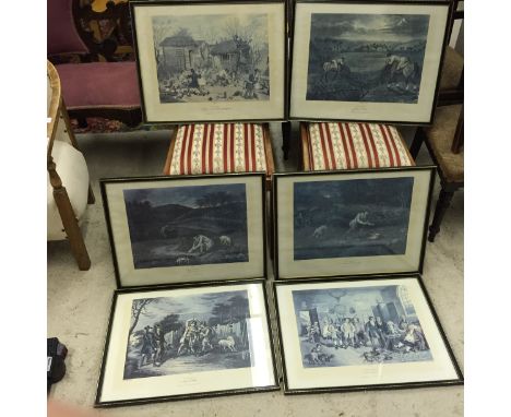 A set of six black and white hunting prints.