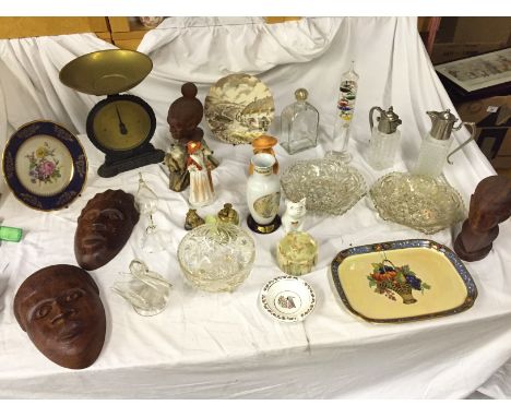 A selection of glass and ceramics including Salters scales.