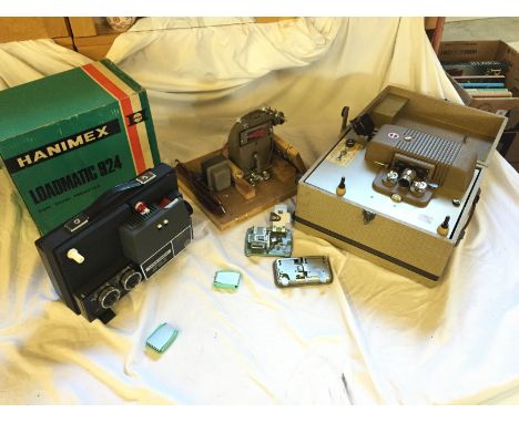 A Loadamatic projector, a Pathescope Ace 9.5 mm projector and a Kodascope eight - 500 projector.