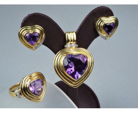 14kt Gold Schmuckset, Herzförmig585/000GG Ring (Ø innen 18mm) und Anhänger mit herzförmigem Amethyst (16,3g Gesamtgewicht), P