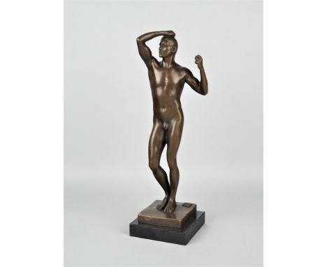 männlicher Akt nach Auguste Rodin in Bronze "das eherne Zeitalter"vollplastische Bronze eines jungen Athleten, dunkelbraun pa