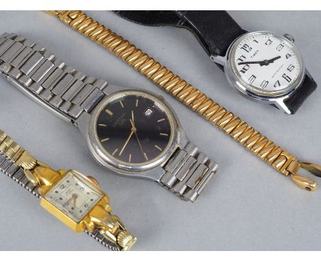 Konvolut ArmbanduhrenEine Herrenarmbanduhr, Certina, silberfarben mit schwarzen Zifferblatt. Eine Damenarmbanduhr Timex mit w