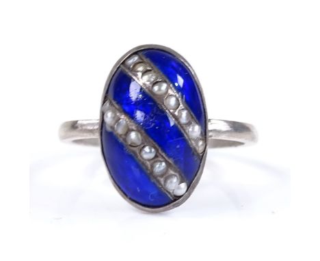 A silver blue enamel and pearl dome panel ring, panel height 15.7mm, size L, 2.6g 