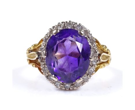 An 18ct gold amethyst and diamond cluster ring, setting height 16mm, size N, 8.9g 