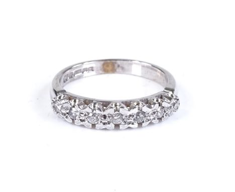 A 9ct white gold 7-stone half eternity ring, setting height 4mm, size O, 3.3g 