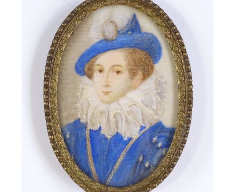A miniature watercolour portrait of a gentleman wearing a ruff, circa 1900, in gilt-metal frame, height 6.5cm 