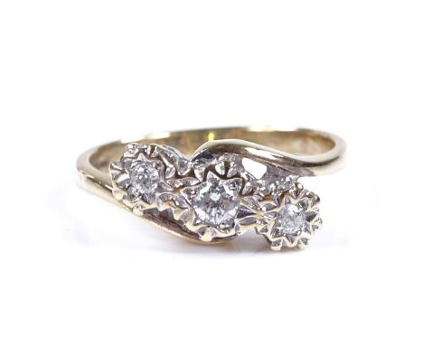 A 9ct gold 3-stone diamond crossover ring, total diamond content approx 0.2ct, setting height 9.3mm, size M, 2.2g 