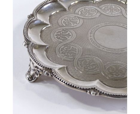 A Victorian circular silver card tray, with beaded edge and engine turned decoration, by Edward and John Barnard, hallmarks L