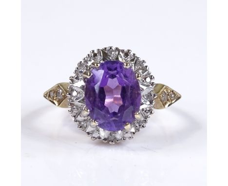 A 9ct gold amethyst and diamond cluster ring, setting height 14.2mm, size M, 4.4g 