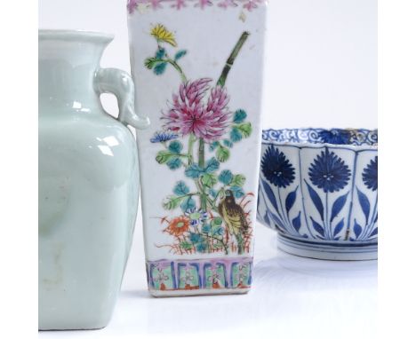 3 pieces of Chinese porcelain, comprising a celadon glaze vase, height 15.5cm, a blue and white porcelain bowl, 19cm diameter