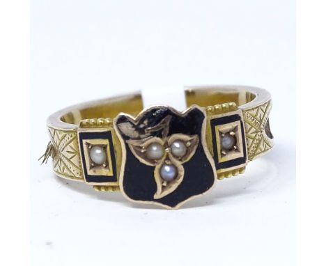 A 9ct gold pearl, black enamel and hair mourning ring, with inset woven hair shank and central leaf shield panel, panel heigh