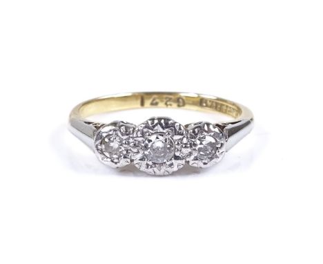 An 18ct gold 3-stone diamond ring, setting height 5.6mm, size L, 2.9g 