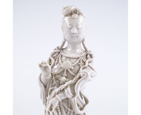 A Chinese Blanc de Chine porcelain figure of a woman, height 25cm in original silk-lined cedar box 