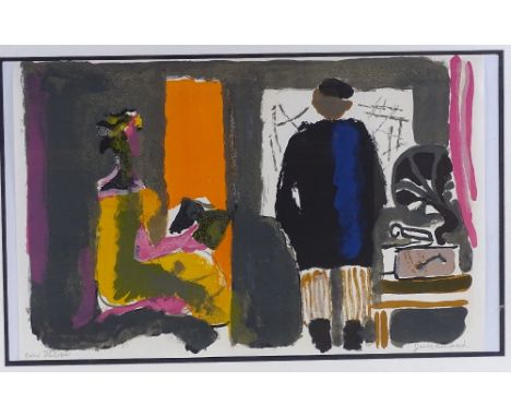 French School, lithograph, circa 1960s, figures in an interior, indistinctly signed, 11" x 17", framed 