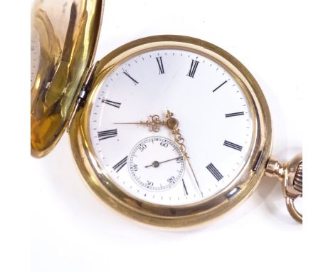 A 14ct gold full hunter side-wind pocket watch, with engine turned case, Roman numeral hour markers and subsidiary seconds di