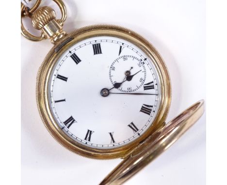 A gold plated half hunter side-wind pocket watch, by Qudos, 15 jewel movement with subsidiary seconds dial and engine turned 