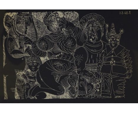 Pablo Picasso, lithograph on black paper, surrealist composition, signed in the plate, sheet size 10" x 10", framed 