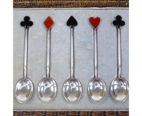 A set of 8 silver and enamel playing card suit coffee spoons, by Hukin &amp; Heath, hallmarks Birmingham 1922, length 9.5cm 