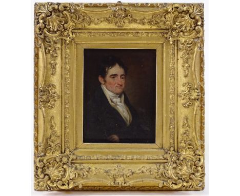 Early 19th century English School, oil on wood panel, half length portrait of a gentleman, unsigned, 5.5" x 4.5", framed 
