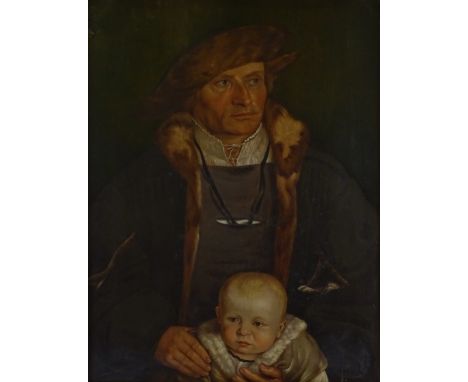Manner of Ford Maddox Brown, oil on panel, Tudor style portrait of a man and child, unsigned, inscribed verso, 26" x 20", fra