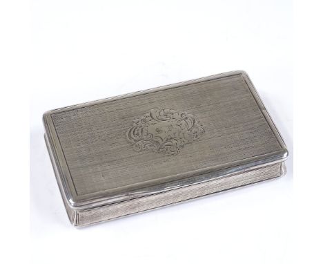 An Antique Continental silver snuffbox, with engine turned decoration and gilt interior, length 10cm, 4oz 